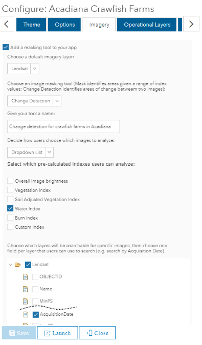 Image mask app settings for imagery