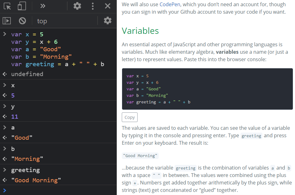 JavaScript console results