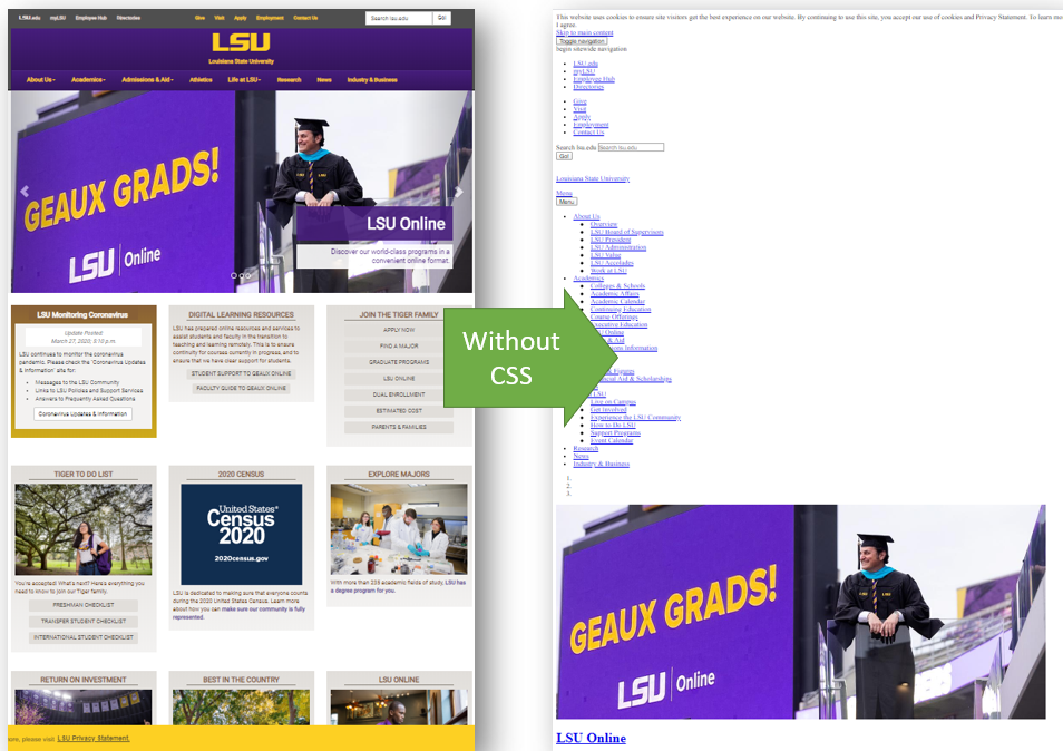 Comparison of a webpage rendered in a browser with CSS and without CSS