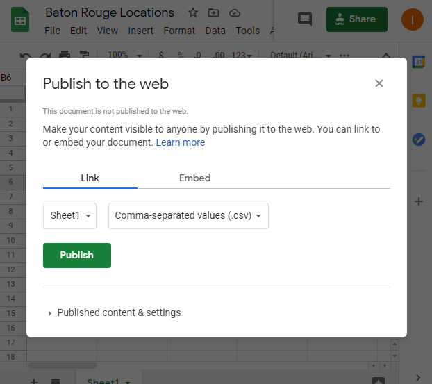 Publish sheet as CSV